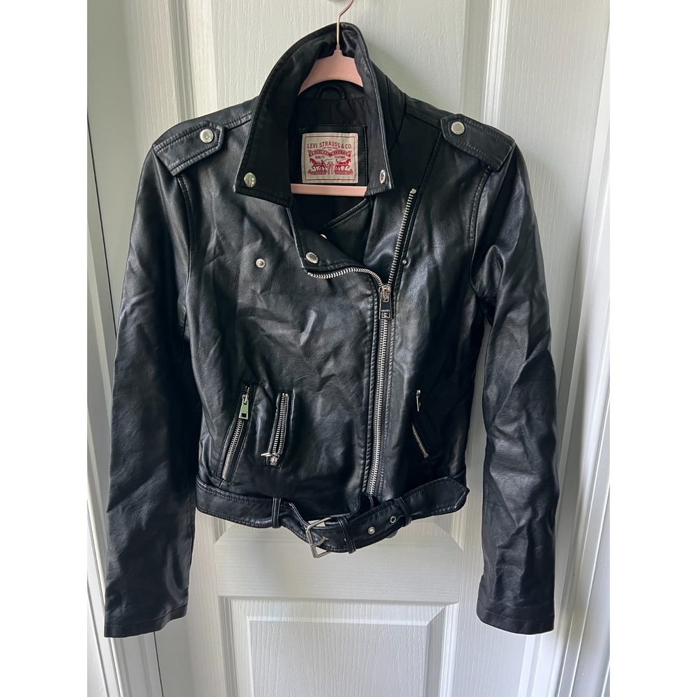 Levis Womens Biker Jacket Black Faux Leather Belted Long Sleeve Moto Size S